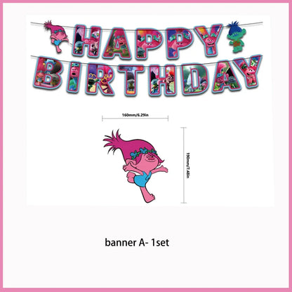 Fournitures de fête d'anniversaire à thème Troll pour enfants, décoration, ballon britannique, bannière, garniture de gâteau, cadeau de fête pour enfants