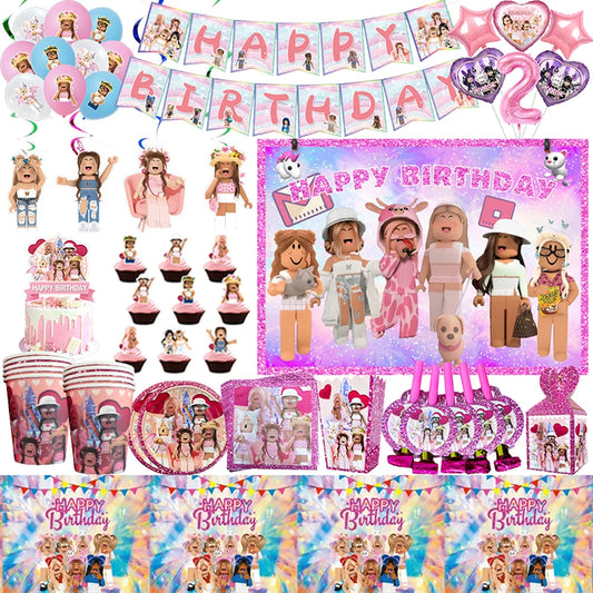 Décorations de fête d'anniversaire à thème Roblox rose, ensemble britannique, ballons, assiettes standard, toile de fond de bannière pour filles, fournitures de fête