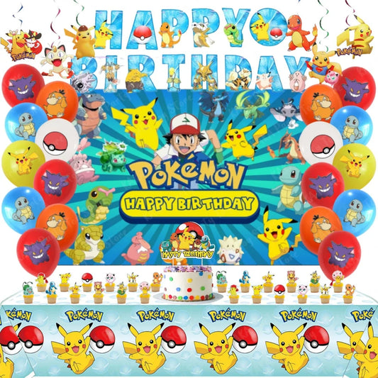 Ensemble de Décoration d'Anniversaire Pokémon, Comprenant un Ballon, une Bannière, une Toile de Fond, une Couverture de Table pour les Enfants, un Cadeau, un Jouet, 65 Pièces