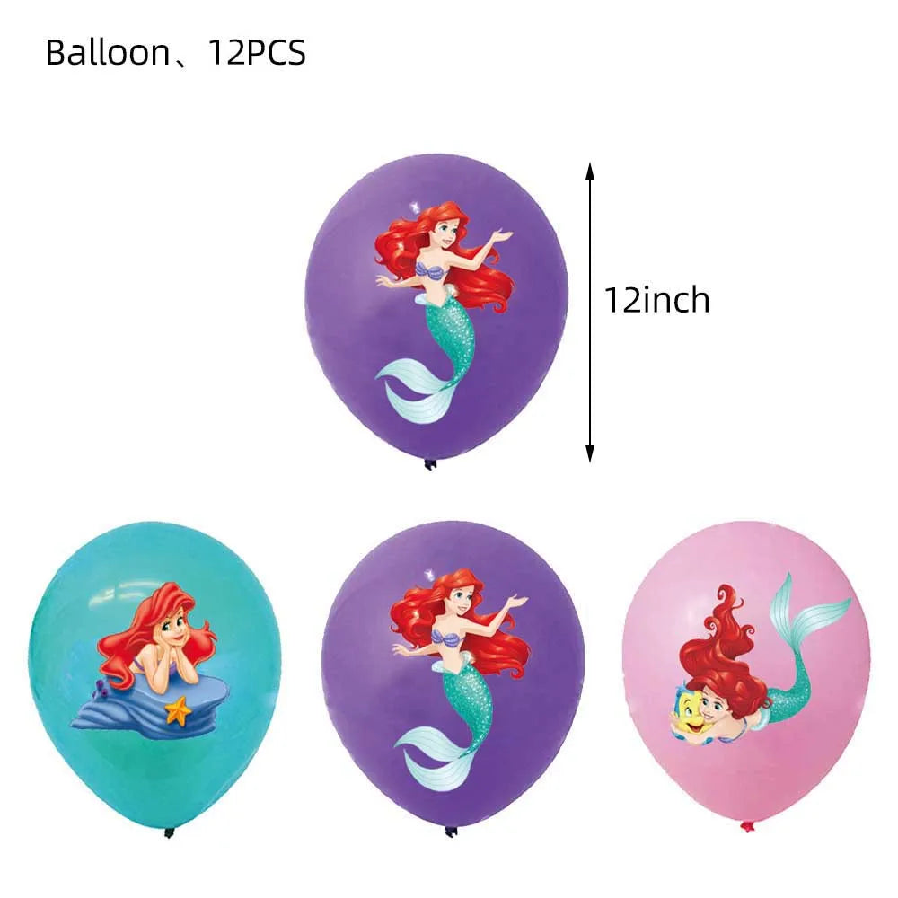 Décoration de fête d'anniversaire sur le thème de la petite sirène, princesse Ariel, ensemble de vaisselle, bannière de ballon, baby shower