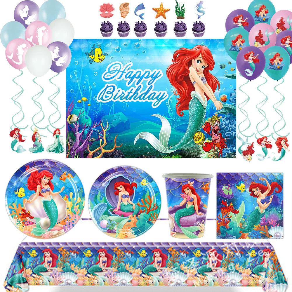 Décoration de fête d'anniversaire sur le thème de la petite sirène, princesse Ariel, ensemble de vaisselle, bannière de ballon, baby shower