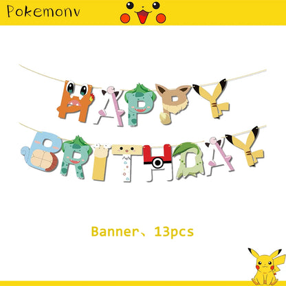 Décoration de d'Anniversaire sur le Thème Pokémon, Ensemble de Couverts Pikachu, Bannière, Ballon, Nappe, Cadeau Jouet, Bricolage