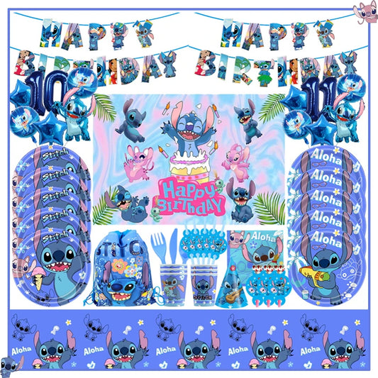 Fournitures de décoration de fête d'anniversaire Disney Stitch, nouveau CAN o Stitch, ballon, baby shower, rentabilité, assiettes en papier standardisées, serviettes, nappe