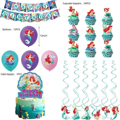 Décoration de fête d'anniversaire sur le thème de la petite sirène, princesse Ariel, ensemble de vaisselle, bannière de ballon, baby shower