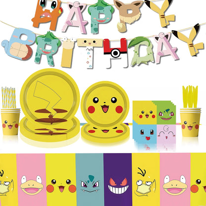 Décoration de d'Anniversaire sur le Thème Pokémon, Ensemble de Couverts Pikachu, Bannière, Ballon, Nappe, Cadeau Jouet, Bricolage