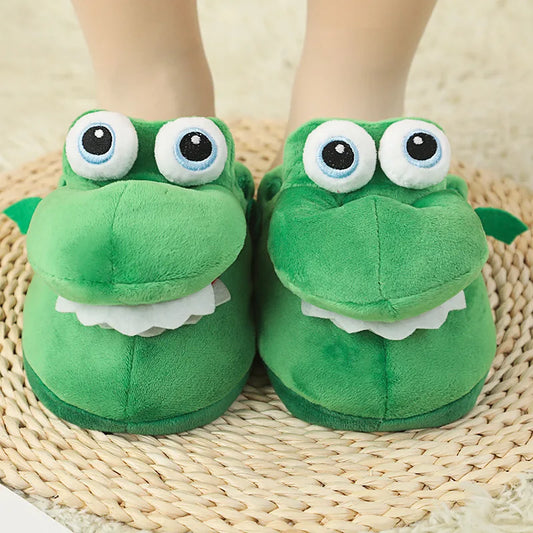 Pantoufles d'alligator à bouche ouvertes, pantoufles en coton vert, chaussures de maison d'intérieur, cadeau fantaisie