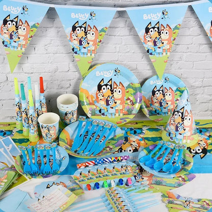 Fournitures de fête d'anniversaire de chien Bluey de dessin animé, bannière, assiette en papier, tasse en papier, tissu, ensemble de sensation de confrontation, décorations d'anniversaire