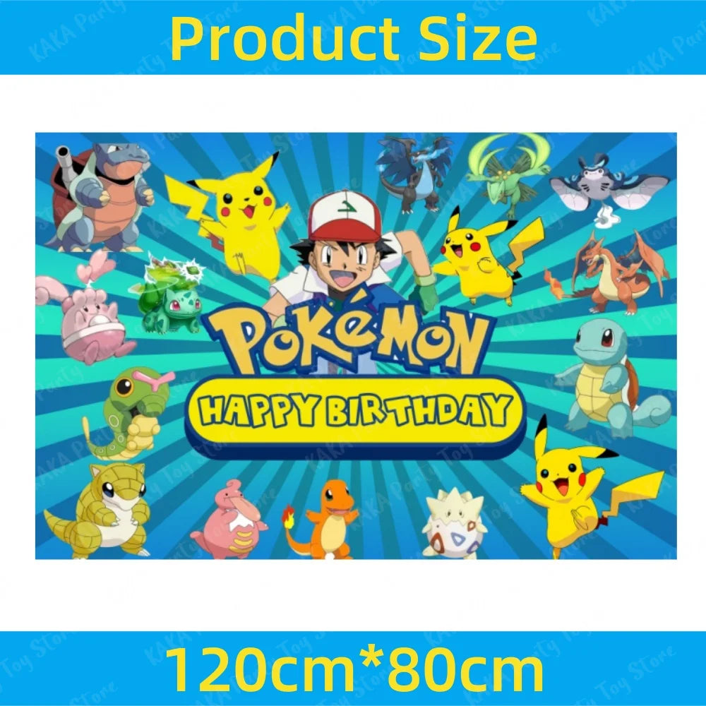 Ensemble de Décoration d'Anniversaire Pokémon, Comprenant un Ballon, une Bannière, une Toile de Fond, une Couverture de Table pour les Enfants, un Cadeau, un Jouet, 65 Pièces