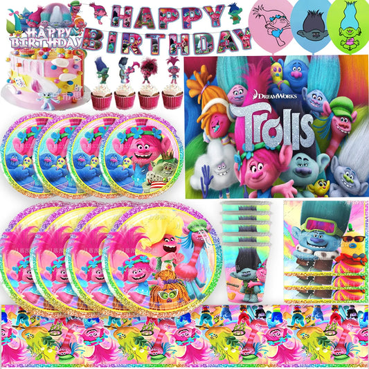 Fournitures de fête d'anniversaire à thème Troll pour enfants, décoration, ballon britannique, bannière, garniture de gâteau, cadeau de fête pour enfants